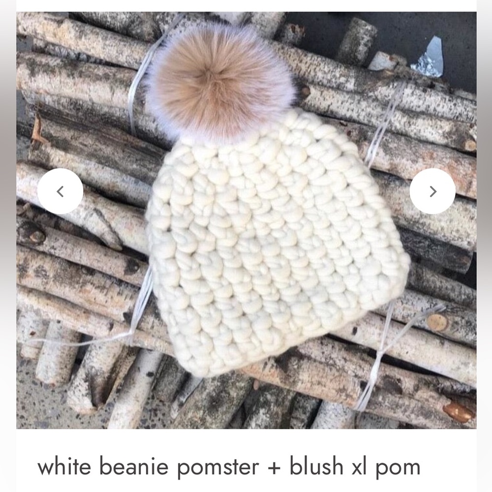 Mischa Lampert White Beanie Pomster with Blush XL Pom